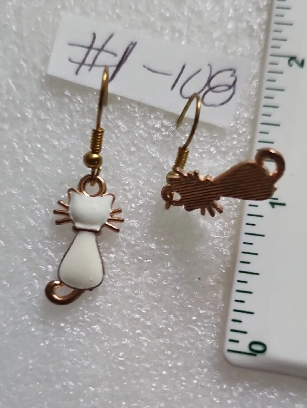 Hand Crafted White and Gold Cat Dangle Earrings